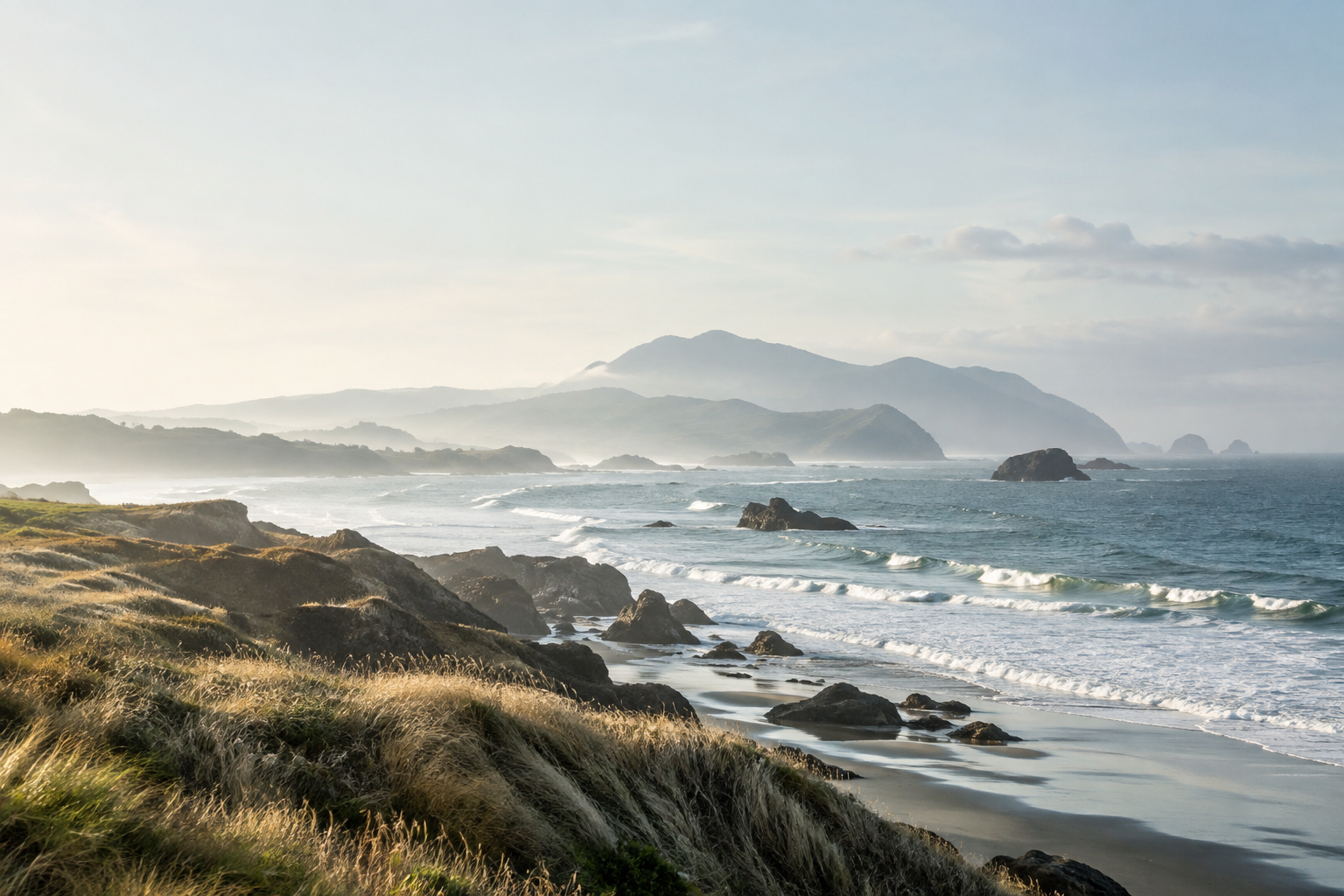 Misty coastline and soft ocean surf