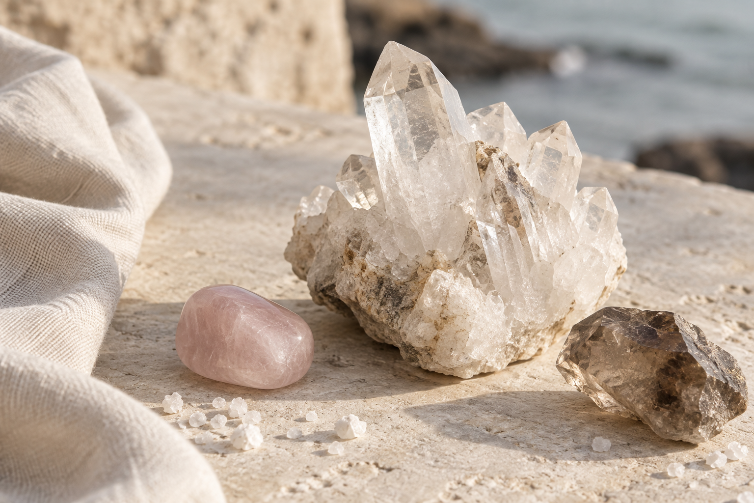 Illustrative natural quartz and linen still life