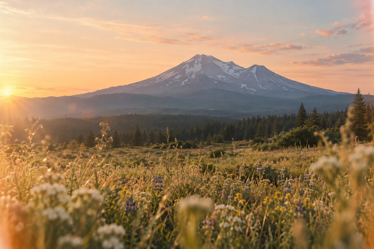 AI-generated Mount Shasta summer sunset above a meadow with softly blurred wildflowers